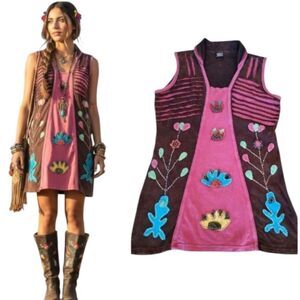 Y2K Colorful Embroidered Applique Festival Boho Nepal Cotton Mini Dress Medium